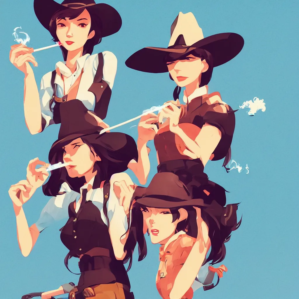 Image similar to cowgirl smoking a cigarette, clean cel shaded vector art. shutterstock. behance hd by lois van baarle, artgerm, helen huang, by makoto shinkai and ilya kuvshinov, rossdraws, illustration