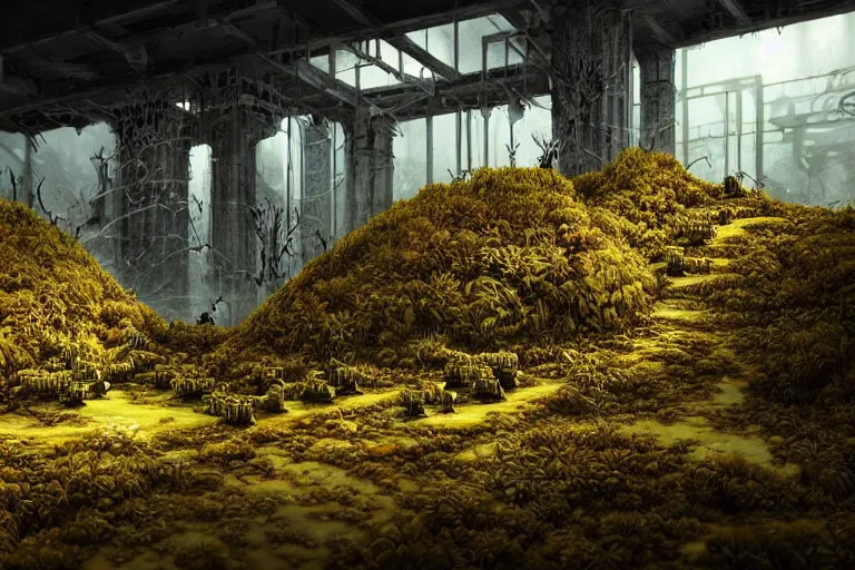 Image similar to elegance, favela bunker honeybee hive, slime mold forest environment, industrial factory, spooky, award winning art, epic dreamlike fantasy landscape, ultra realistic,