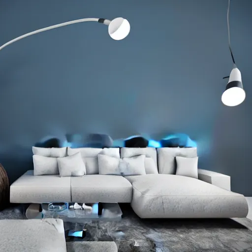 Image similar to a large blue florescent light lamp, inspired by a woman body, placed in a living room, home design magazine HD photo super realistic 3d 8k resolution