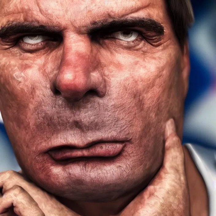 Image similar to photo of Jair Bolsonaro crying looking to PT flag , hyper realism, high detail, octane render, 8k, chrome accents