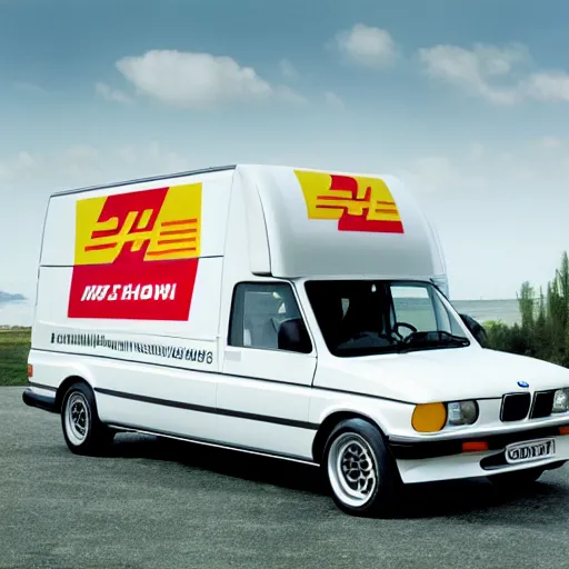 Prompt: A commercial van designed and produced by BMW, with 1988 M3 E30 design elements, DHL livery promotional photo