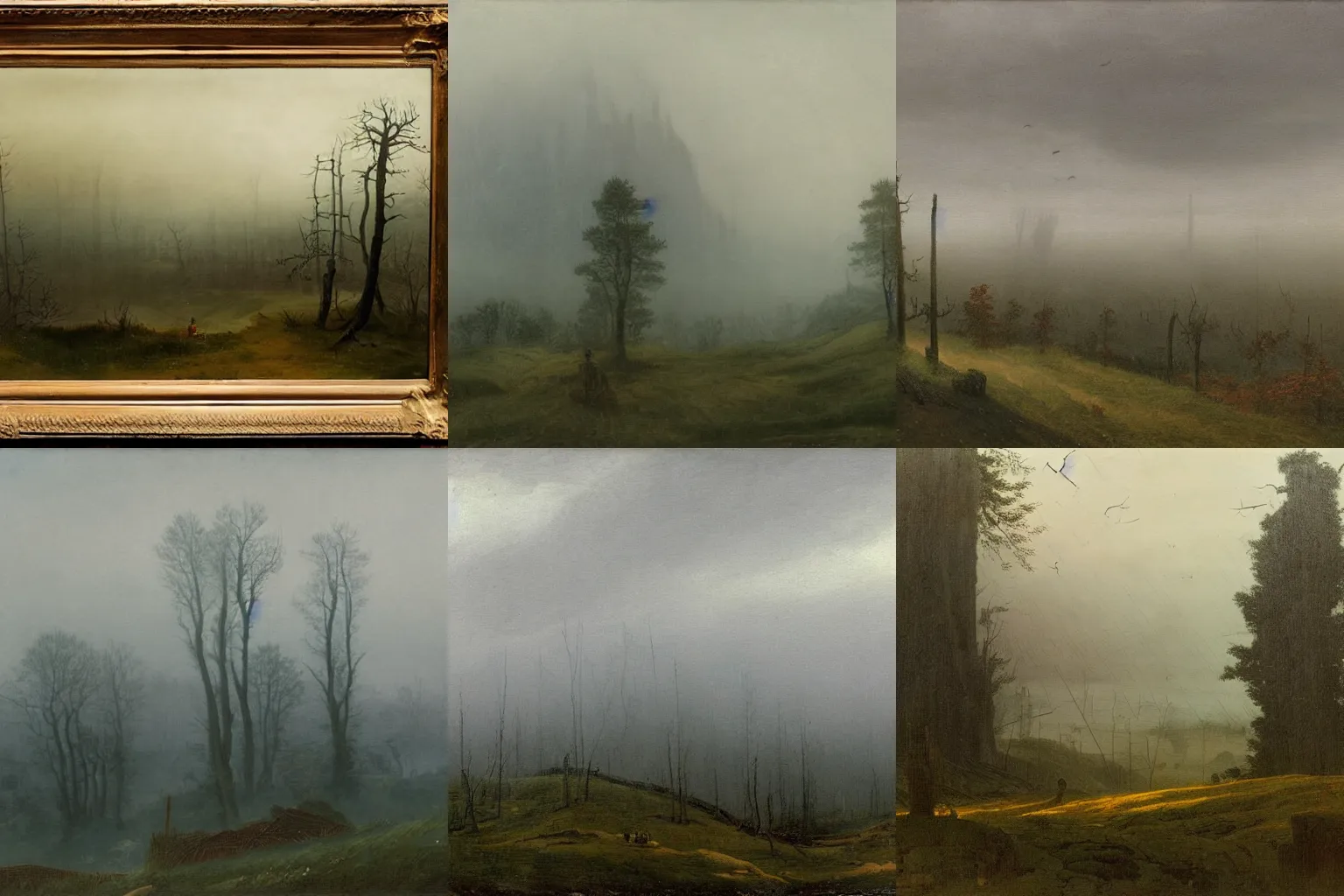 Prompt: gigantic and forlorn pieces of furniture loom in the distance of a dreary, misty landscape painted by Caspar David Friedrich