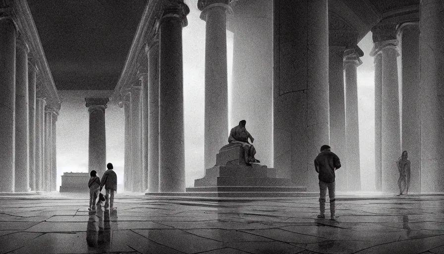 Prompt: father and son visiting destroyed lincoln memorial, cloudy day, hyperdetailed, artstation, cgsociety, 8 k