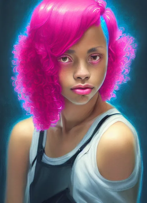 Image similar to portrait of teenage vanessa morgan with bright pink hair, black girl, curly pixie cut hair, wearing newsboy cap, pink short haircut, newsboy cap, hoop earrings, blue eyes, intricate, elegant, glowing lights, highly detailed, digital painting, artstation, concept art, smooth, sharp focus, illustration, art by wlop, mars ravelo and greg rutkowski