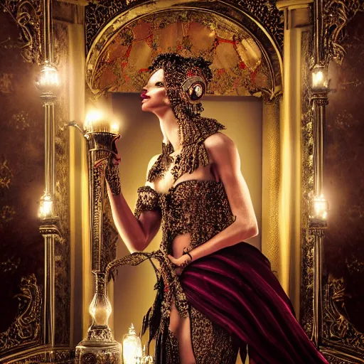 Prompt: woman oracle, incredible detailed, octane render, insanely ornamented with baroque silver decorations, embers, black feathers ornaments, mysterious atmosphere, fashion vogue photo
