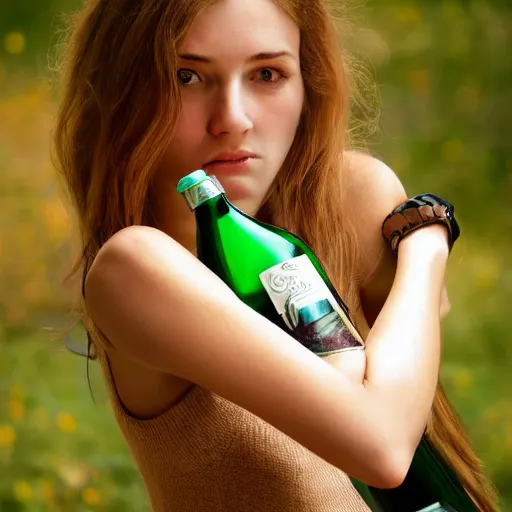 Image similar to lomo photograph, intricate detail, hyper detail, young beautifull woman, very tired, full body potrait holding bottle, hazel green eyes, realistic, highlydetailed, natural, model shoot, masterpiece, sharp focus,