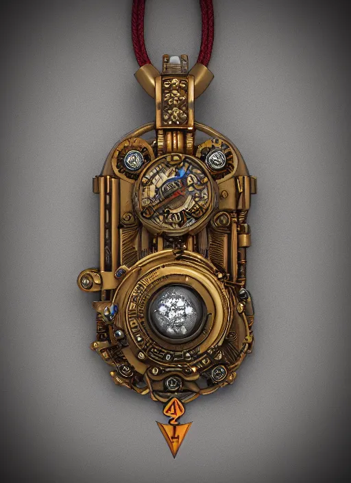 Prompt: amazing steampunk amulet with diamond jewel and small steam tubes, volumetric lightning, octane render, 4 k, hd, realistic reflections, extremely high detailed, trending on artstation