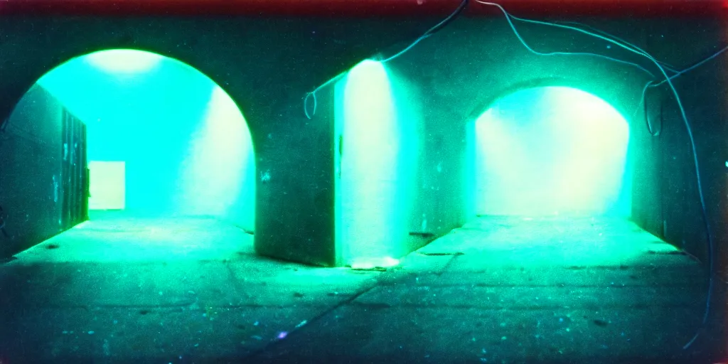 Image similar to 1 9 7 0 s underwater footage of a portal at the end of a tokyo alley, non - euclidean, neon lights, ektachrome photograph, volumetric lighting