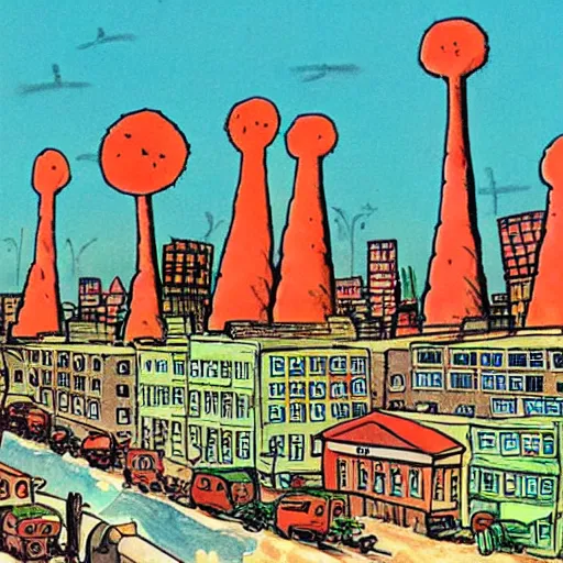Prompt: A city ruined by nuclear bombings, illustrated by children's author and cartoonist, Dr Seuss.