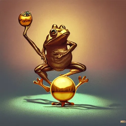 Image similar to a cute frog balances a golden metal ball on his head, by esao andrews, by m. w. kaluta, volumetric light, rich colors, very humorous oil painting, realistic reflections, smooth, concept art, depth perception, high depth of field, 4 k, unreal engine 5, ultradetailed, hyperrealistic, artstation