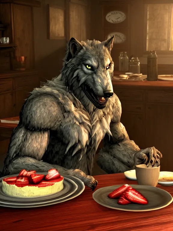 Prompt: cute handsome cuddly burly surly relaxed calm timid werewolf from van helsing sitting down at the breakfast table in the kitchen of a normal country home cooking having fun baking strawberry tart cakes unreal engine hyperreallistic render 8k character concept art masterpiece screenshot from the video game the Elder Scrolls V: Skyrim