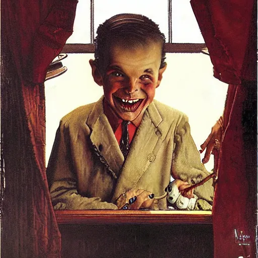 Image similar to smiling handsome young vampire count in the window. painting by Norman Rockwell.