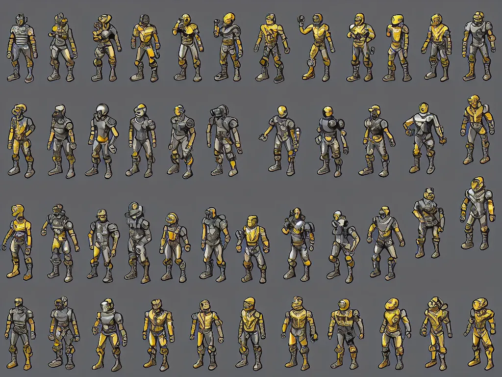 Prompt: isometric sprite sheet of detailed fallout power armor! holding gun, smooth, 8 k, gouache,, centered, by artgerm, solid background
