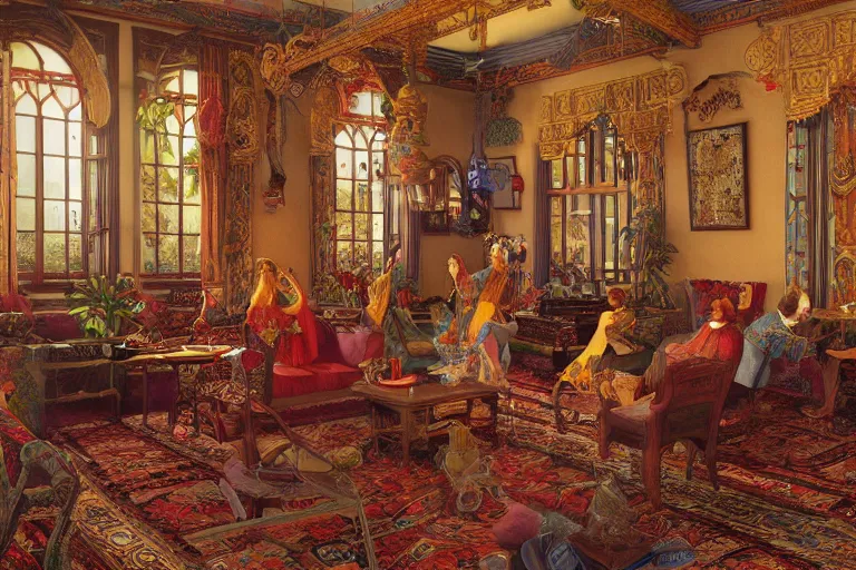 Prompt: a bright bohemian parlor with sunbeams streaming in from tall windows, by Ludwig Deutsch and Evelyn De Morgan and Donato Giancola, floral embroidery, carved wood, oriental carpets,rich color, dramatic cinematic lighting, featured on Artstation, cgsociety, unreal engine