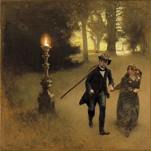 Prompt: young victorian man and woman traversing a dark stone maze, holding torches, hiding, fleeing, painted by alfred stevens