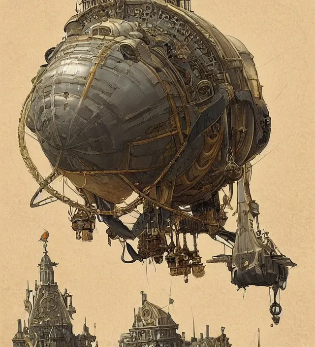 Image similar to a baroque steampunk airship dirigible in the style of last exile, blimp, intricate, highly detailed, digital painting, artstation, concept art, sharp focus, cinematic lighting, illustration, art by artgerm and greg rutkowski, alphonse mucha, cgsociety