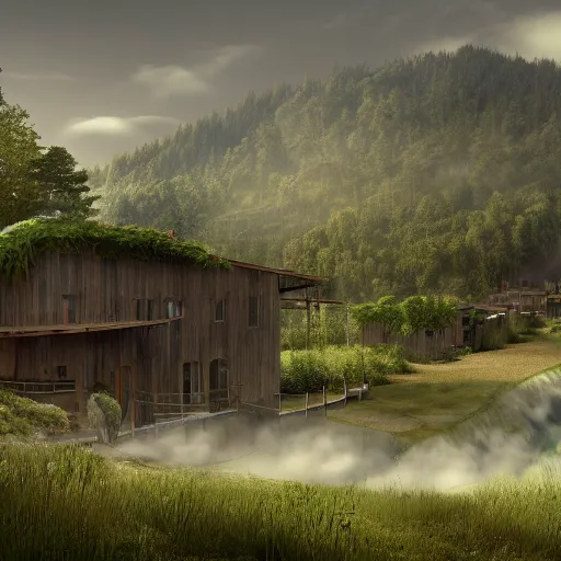 Prompt: ecovillage 🏢designed by olson kundig, day time, grand mountains and forest in the distance, farm and gardens, streams, white mist, sun in the sky, Cinematic, environment concept art, ethereal, ultra detailed, unreal engine style, cinematic light, trending in artstation, highly detailed, epic scene