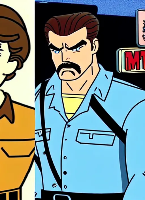 Image similar to still of jim hopper from stranger things : the animated series, cartoon screen capture ( 1 9 8 8 ), in the style of g. i. joe ( 1 9 8 3 ), transformers ( 1 9 8 4 ) and masters of the universe ( 1 9 8 3 )