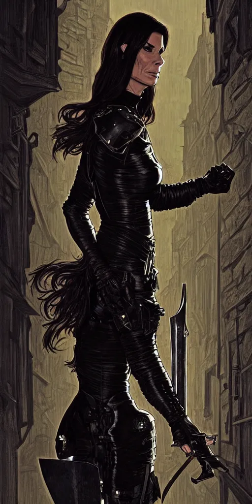 Image similar to portrait of sandra bullock as a thief wearing black leather armor and wielding a dagger in a dark alleyway, fantasy, intricate, elegant, highly detailed, digital painting, artstation, concept art, matte, sharp focus, illustration, art by travis charest and alphonse mucha