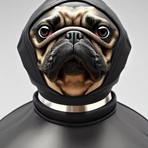 Image similar to 3 d rendered hyper realistic hyper detailed pug wearing a shiny leather gimp mask with zippers covering its face, octane render, blender, 8 k