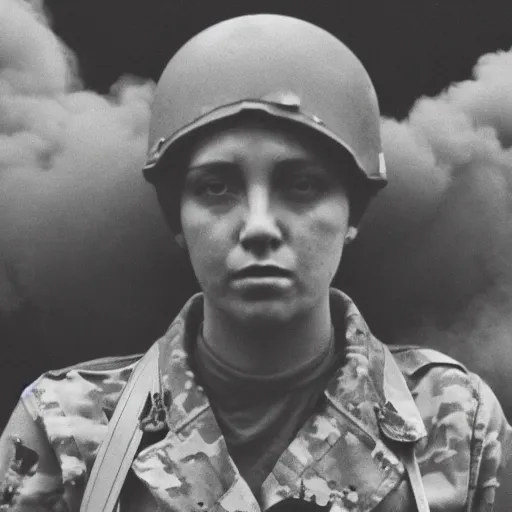 Prompt: vintage analog portrait of a female soldier under fire, covering, greyscale, gigantic smoke clouds visible, heavy film grain, rain, color bleed, depth of field, bokeh