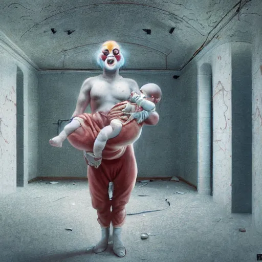 Image similar to a clown holding a baby inside an abandoned hospital, wayne barlowe, symmetrical, surreal, magic surrealism, very coherent symmetrical artwork, cinematic, hyper realism, high detail, octane render, 8 k