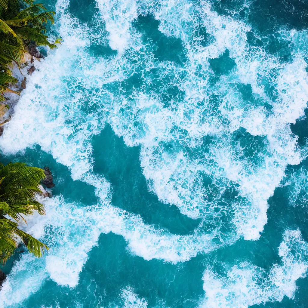 Prompt: Tropical beach landscape, blue water waves crashing on the beach