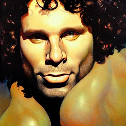 Image similar to exaggerated funny caricature portrait of jim morrison, detailed face, detailed painting, epic lighting, by ilya repin, phil hale and kent williams