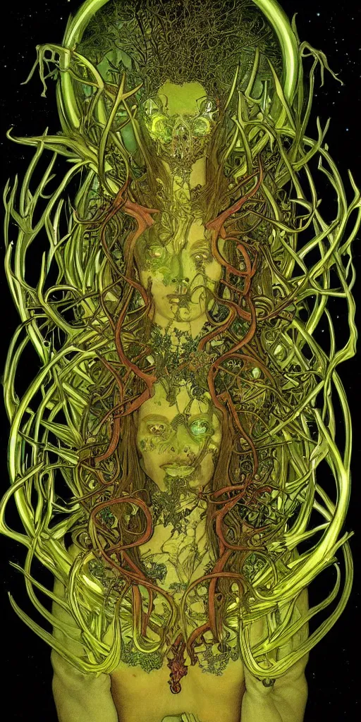 Image similar to intense glowing pagan fungus god with antlers and tentacles and intense glowing eyes and a mossy skull in very dark cosmic space by alphonse mucha and karol bak and h r giger, portrait, fantasy, clear, light beams, lens flare, intense, uhd, amazing depth, cinematic lighting, deep green and black and shining gold