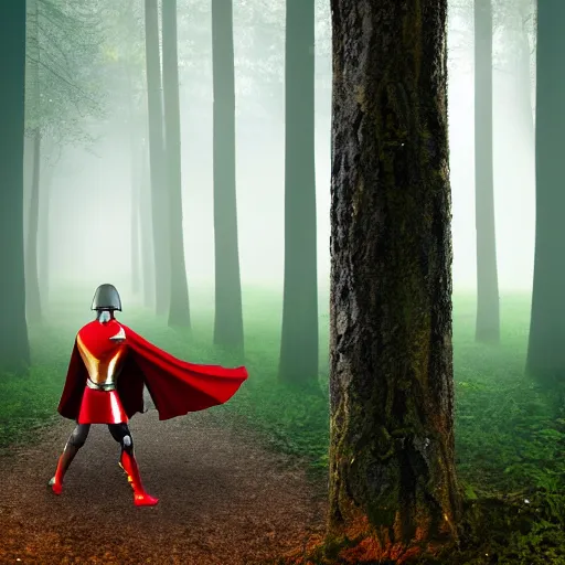 Prompt: soldiers with shields and swords and bows! hiding behind trees! on an elevated hill in a! misty, foggy! forest looking down on a army of gladiators with red capes, walking on a path through the forest below them.! shiny swords, well equiped, 4 k, realistic, anatomically correct, beautiful