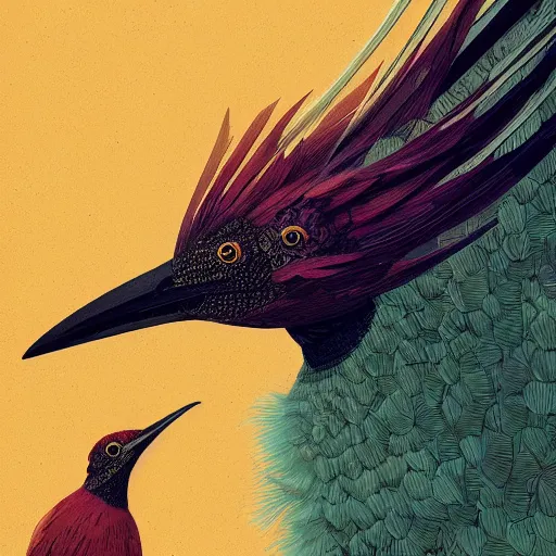 Prompt: a detailed portrait of a bird of paradise, by victo ngai and greg rutkowski, digital art, realistic painting, high quality, very detailed, fantasy, dnd, character design, trending on artstation