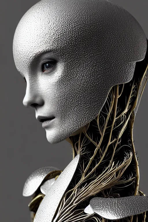 Image similar to monochrome close - up profile face, black background, beautiful young porcelain bio - mechanical vegetal - dragon - cyborg - female, white metallic armour, silver gold details, magnolia leaves and stems, roots, mandelbot fractal, 1 5 0 mm, beautiful natural soft rim light, elegant, hyper real, ultra detailed, octane render, 1 6 k