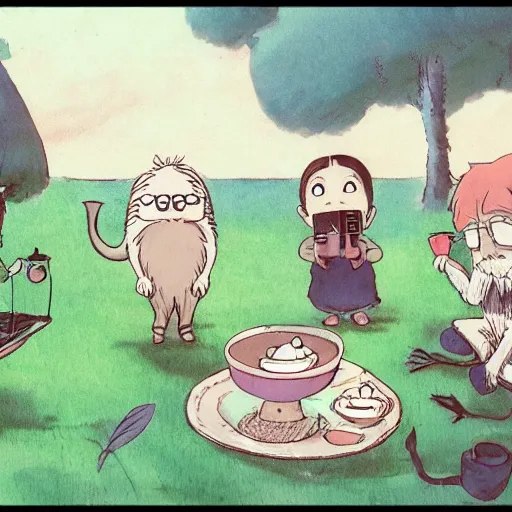 Image similar to small creatures having tea party in a humans beard. in a style of hayao miyazaki.