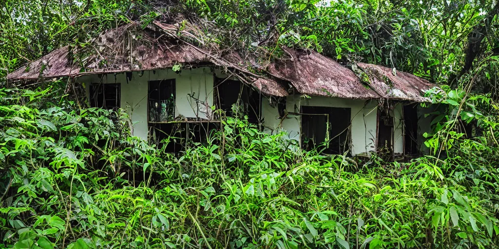 Image similar to abandoned sri lankan house, overgrown greenery, photography, dark