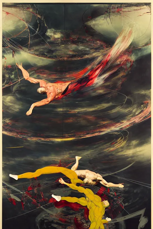 Image similar to two muscular men entwined, floating in space, zero gravity, dramatic movement inside a brutalist space ship, gothic, rich deep colours, painted by francis bacon, adrian ghenie, james jean and petra cortright, part by gerhard richter, part by takato yamamoto. 8 k masterpiece