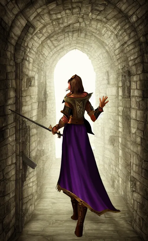 Prompt: medieval fantasy servant girl walking in castle hallway, about to enter doorframe, half turned around, full body, ultra realistic, digital art