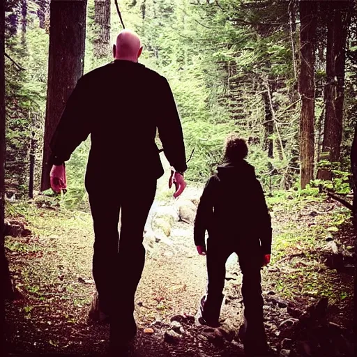 Prompt: “ poor quality nature photography of a bald man hiking in the woods, startled by bigfoot walking by ”