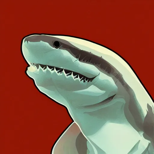 Image similar to great white shark, side view, with a conical orange traffic cone instead of a fin - ron cheng & alphonse mucha, highly detailed, digital painting, ray tracing, concept art, illustration, smooth sharp focus, intricate, symmetry, artstation,