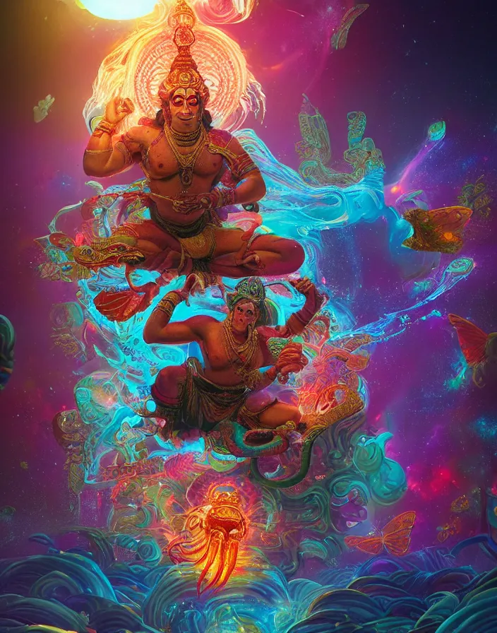 Prompt: the cosmic battle of the indian gods with hanuman. jellyfish butterfly phoenix head. intricate artwork by tooth wu and wlop and beeple and dan mumford. octane render, trending on artstation, greg rutkowski very coherent symmetrical artwork. cinematic, hyper realism, high detail, octane render, 8 k, depth of field, bokeh