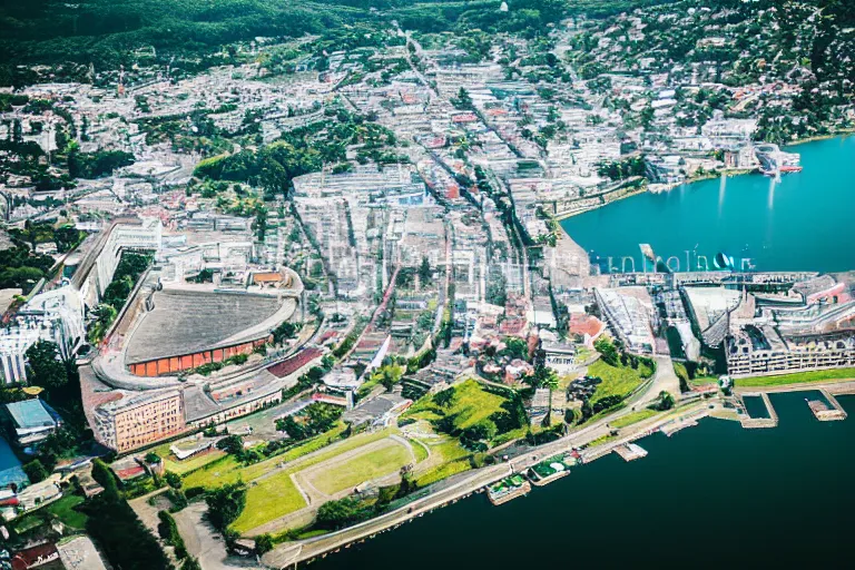 Image similar to bird's eye view photography of a small city. town hall, central farm, monorail station, beach and shipping dock. hills, woods and lake to the north.