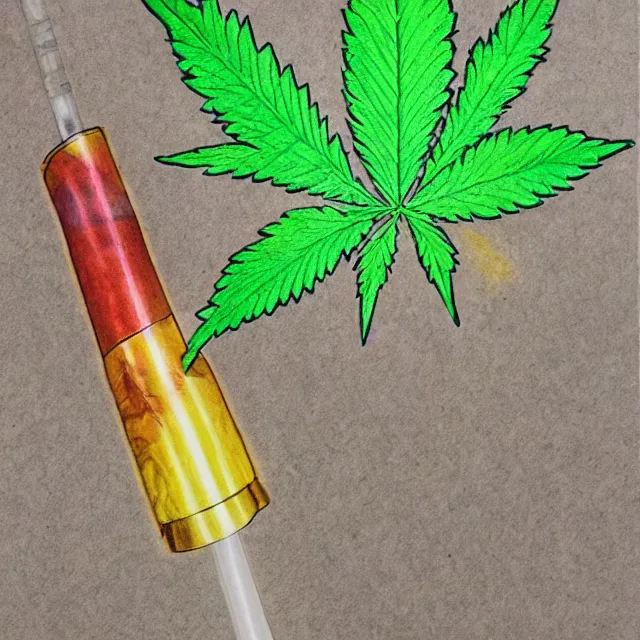 Image similar to cannabis leaf smoking a bong, colored pencil illustration