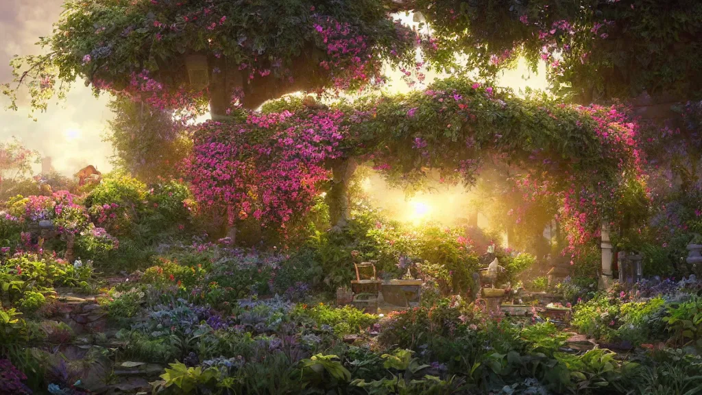 Prompt: a photorealistic hype realistic render of an interior of a beautifully decorated flower garden by pixar, greg rutkowski, wlop, artgerm, dramatic moody sunset lighting, long shadows, volumetric, cinematic atmosphere, octane render, artstation, 8 k