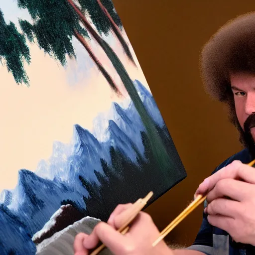 Prompt: a closeup photorealistic photograph of bob ross putting the finishing touches on a canvas painting of kenny powers. mountains and trees. film still. brightly lit scene. this 4 k hd image is trending on artstation, featured on behance, well - rendered, extra crisp, features intricate detail, epic composition and the style of unreal engine.