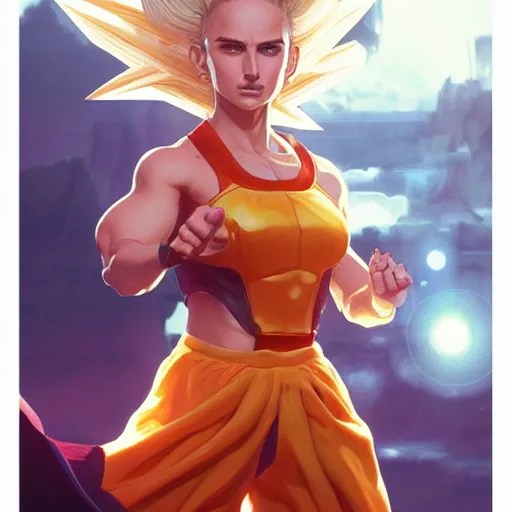 Image similar to super saiyan natalie portman, highly detailed, digital painting, artstation, concept art, smooth, sharp focus, illustration, art by artgerm and greg rutkowski and alphonse mucha