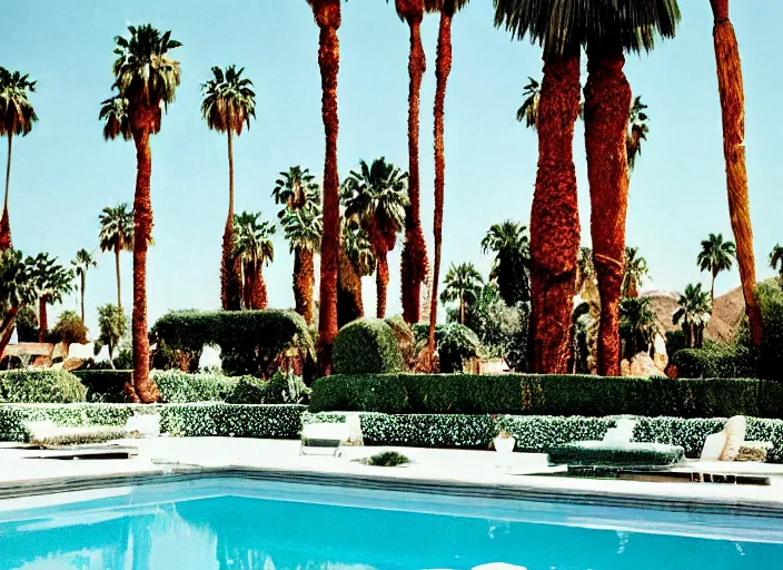 Image similar to a detailed photograph of a palm springs backyard pool in the 1 9 7 0 s by slim aarons, photoreal, 4 k, mist