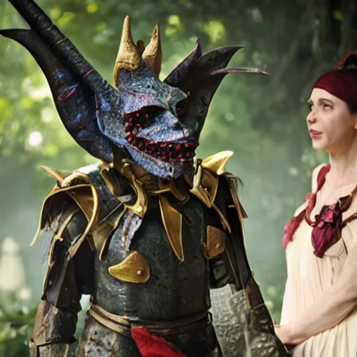 Prompt: female kobold jester fantasy movie still