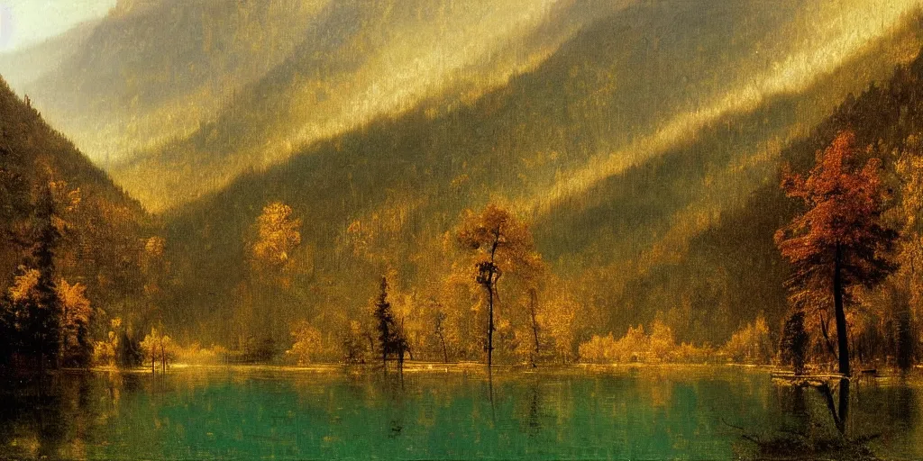 Image similar to art by albert bierstadt of the cinematic view of the jiuzhaigou valley forest