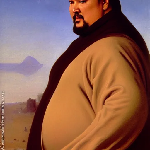 Image similar to Painting of obese Steven Seagal as Obi-Wan Kenobi. Art by william adolphe bouguereau. During golden hour. Extremely detailed. Beautiful. 4K. Award winning.