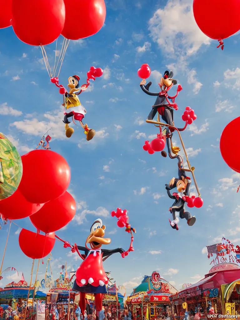 Image similar to balloon man with red balloons at the fair by disney concept artists, blunt borders, rule of thirds