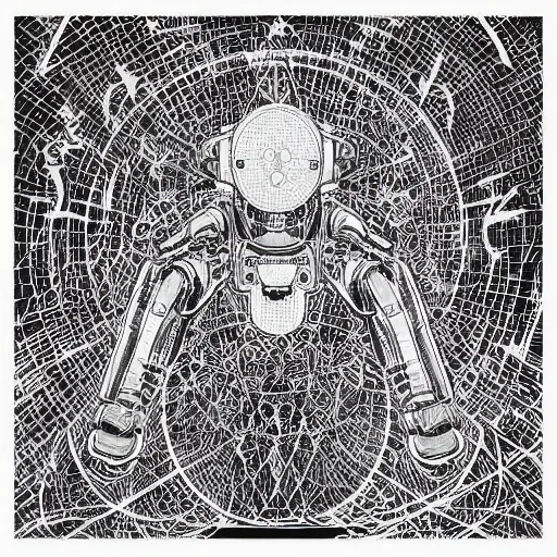 Image similar to “geometrically incomprehensible surreal order of robot world, extremely high detail, photorealistic, intricate line drawings, dotart, album art in the style of James Jean”